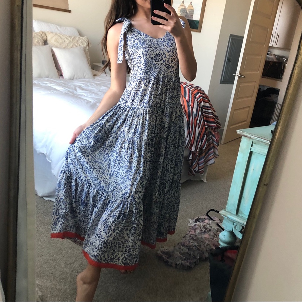THML Blue and White Paisley Midi Dress with Red Trim